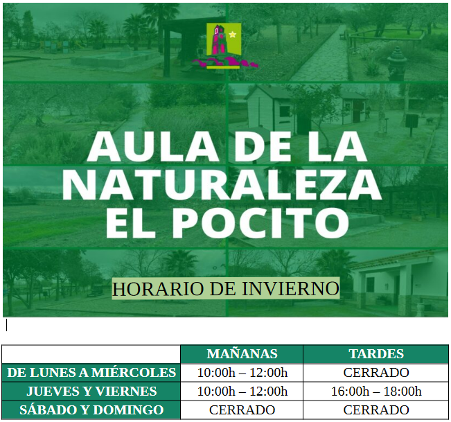 Cartel oficial con el horario de invierno del Aula de la Naturaleza El Pocito