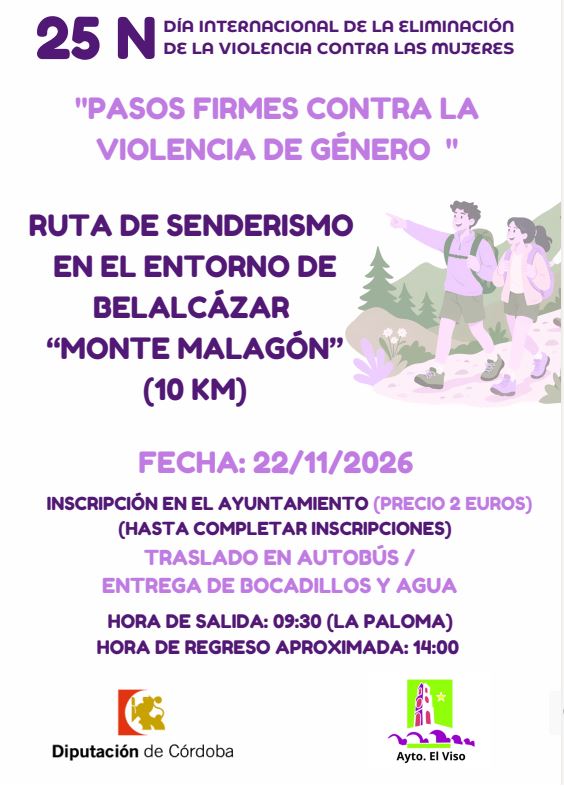 Cartel de la ruta de senderismo Monte Malagón organizada por el Ayuntamiento de El Viso con motivo del 25N